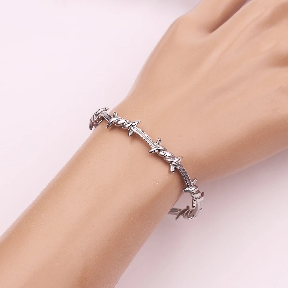 Barbed Wire Open Cuff Bracelet - Chrome Cult