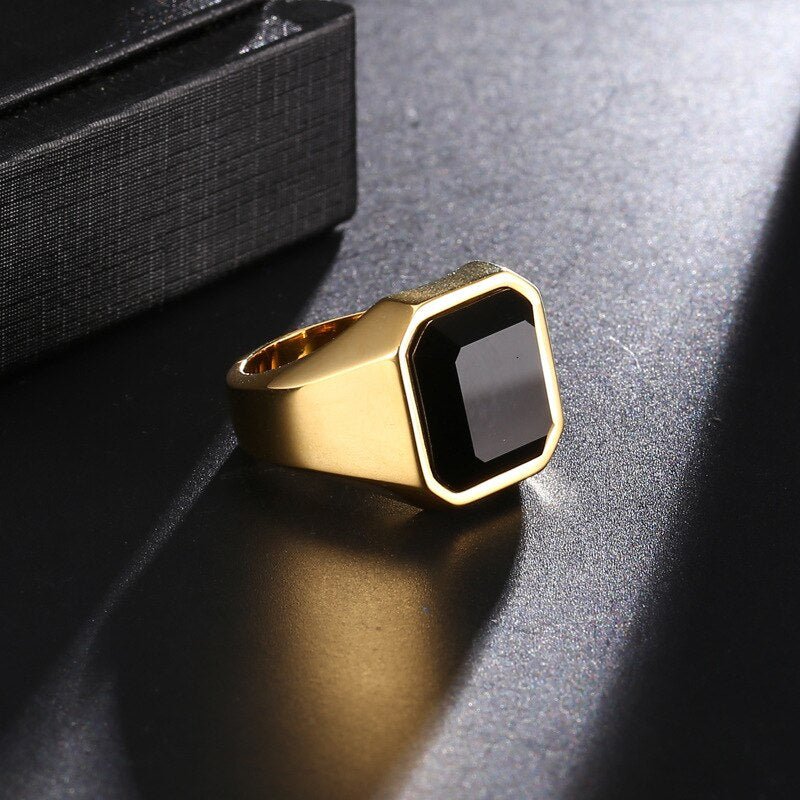 Black Crystal Stone Signet Ring