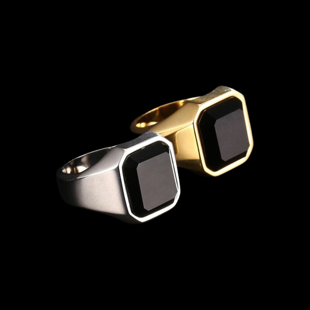 Black Crystal Stone Signet Ring - Chrome Cult
