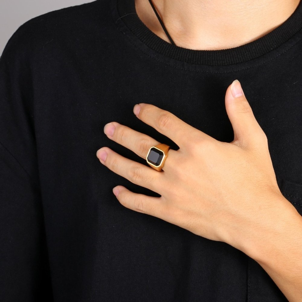 Black Crystal Stone Signet Ring
