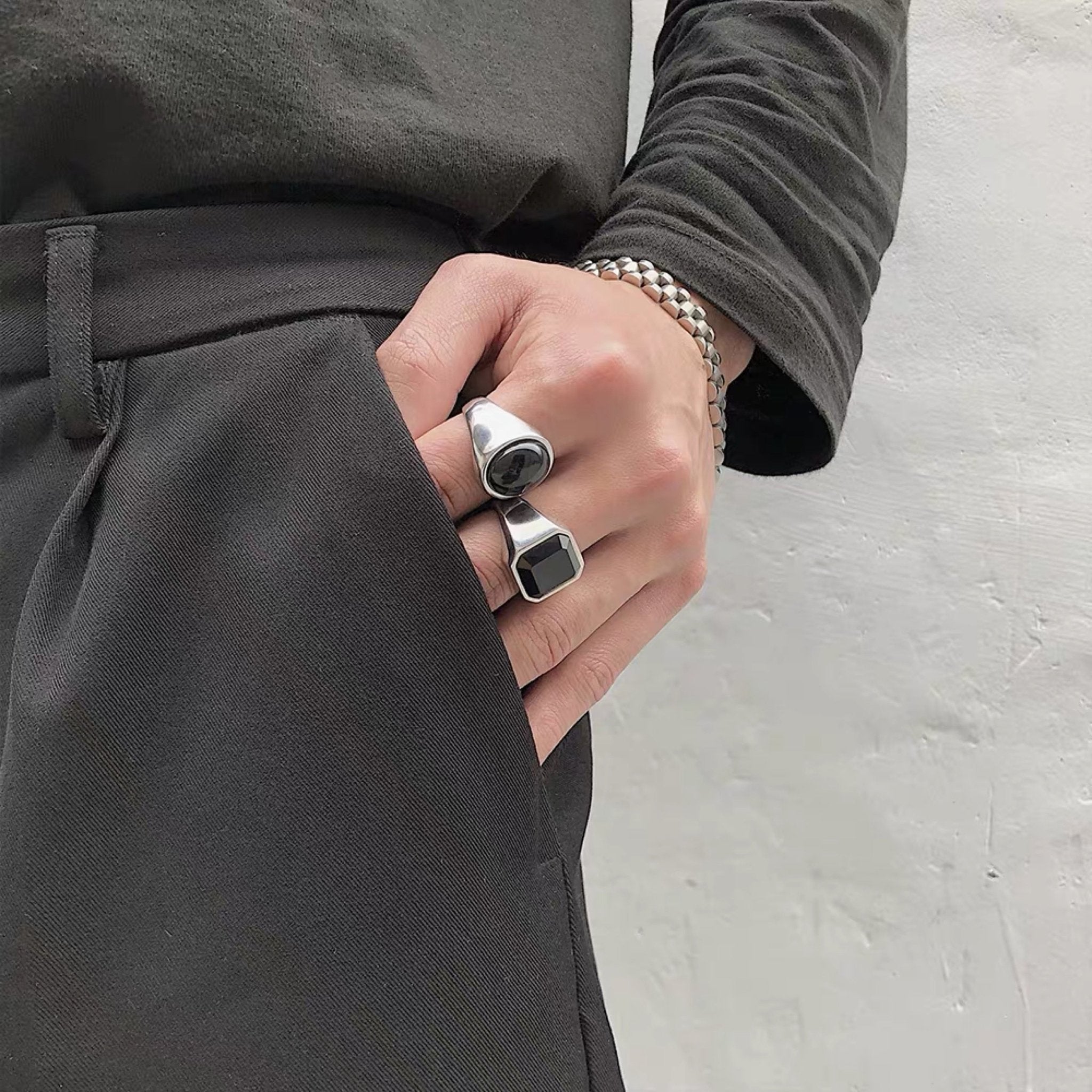 Black Crystal Stone Signet Ring