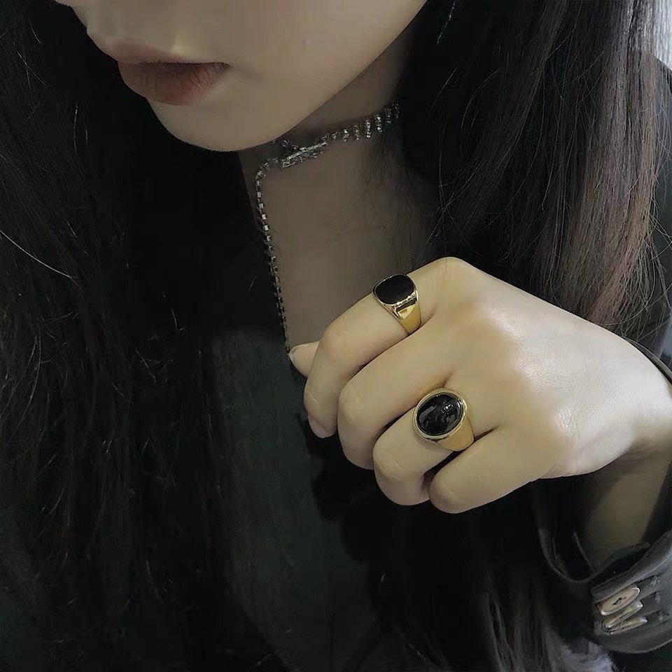 Black Crystal Stone Signet Ring