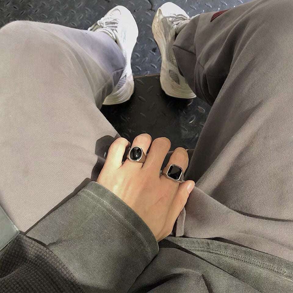 Black Crystal Stone Signet Ring