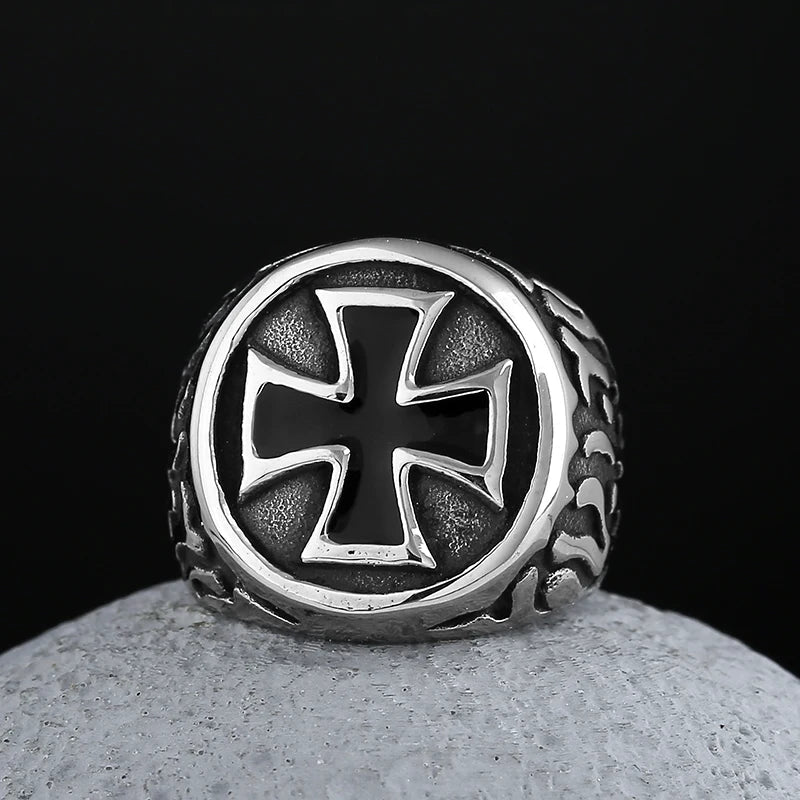 Black Flaming Cross Pattee Ring - Chrome Cult