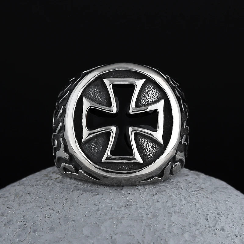 Black Flaming Cross Pattee Ring - Chrome Cult