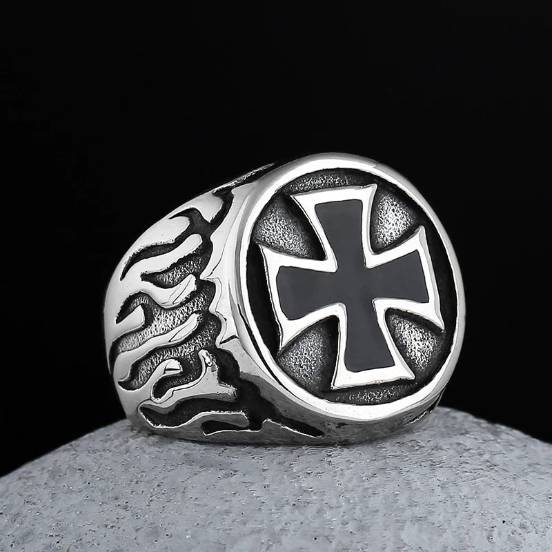 Black Flaming Cross Pattee Ring - Chrome Cult