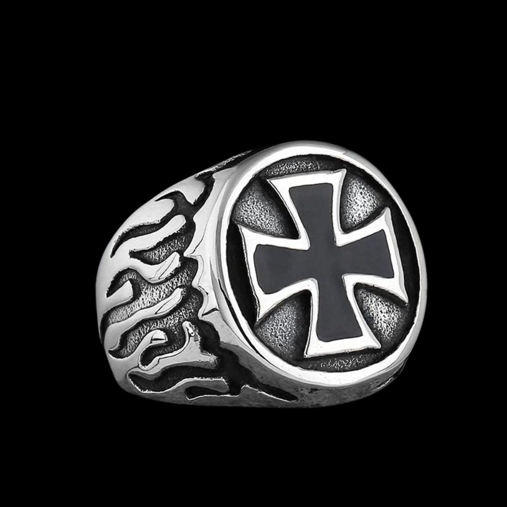 Black Flaming Cross Pattee Ring - Chrome Cult