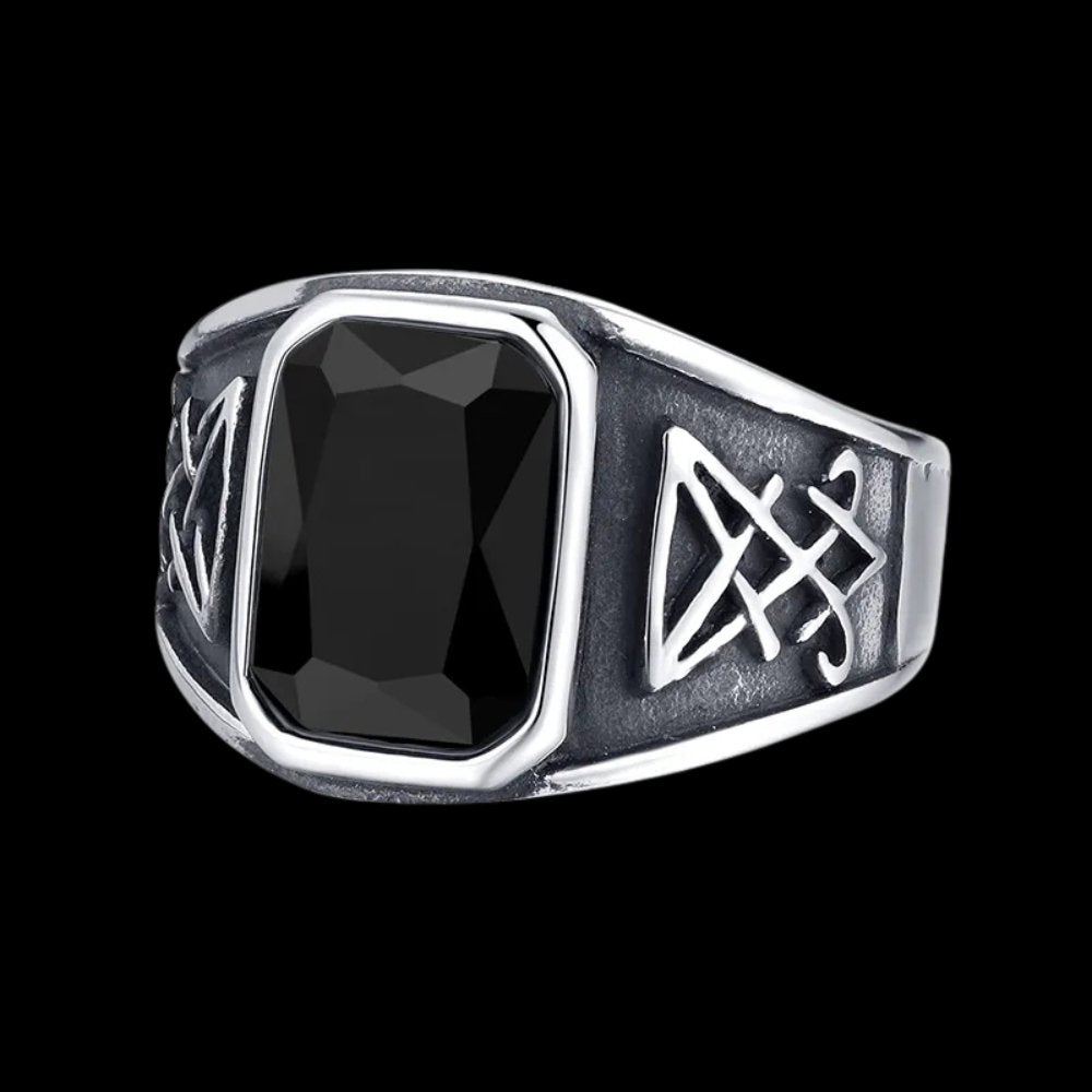 Black Gemstone Sigil Of Lucifer Ring - Chrome Cult