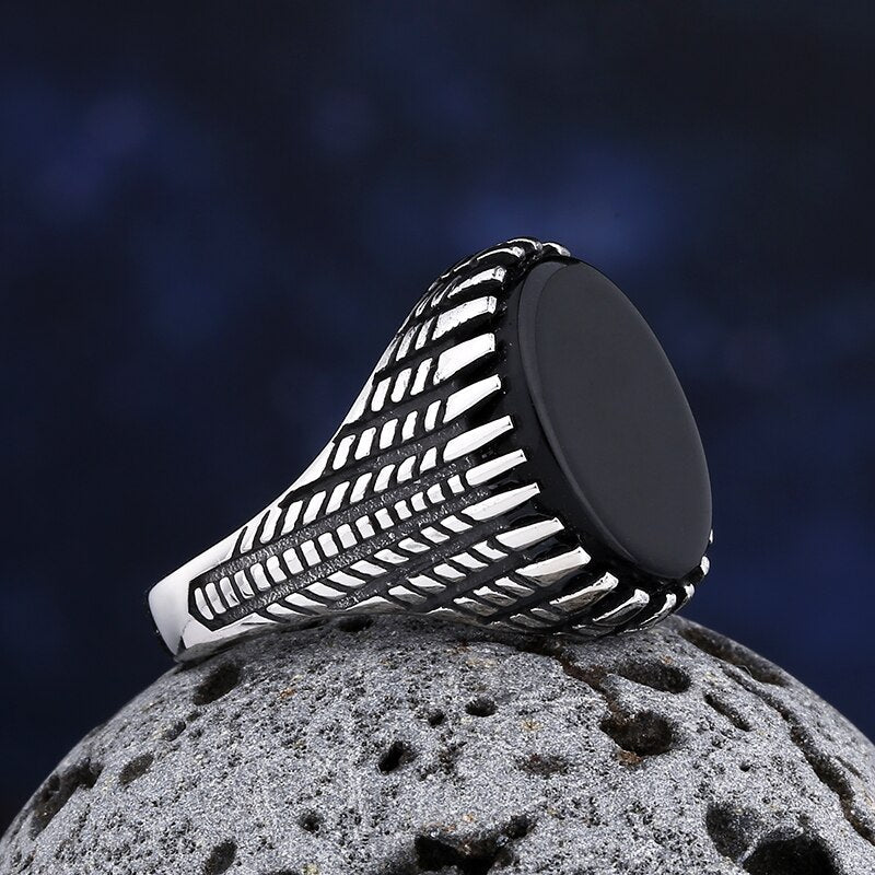 Black Gemstone Stripe Pattern Ring - Chrome Cult