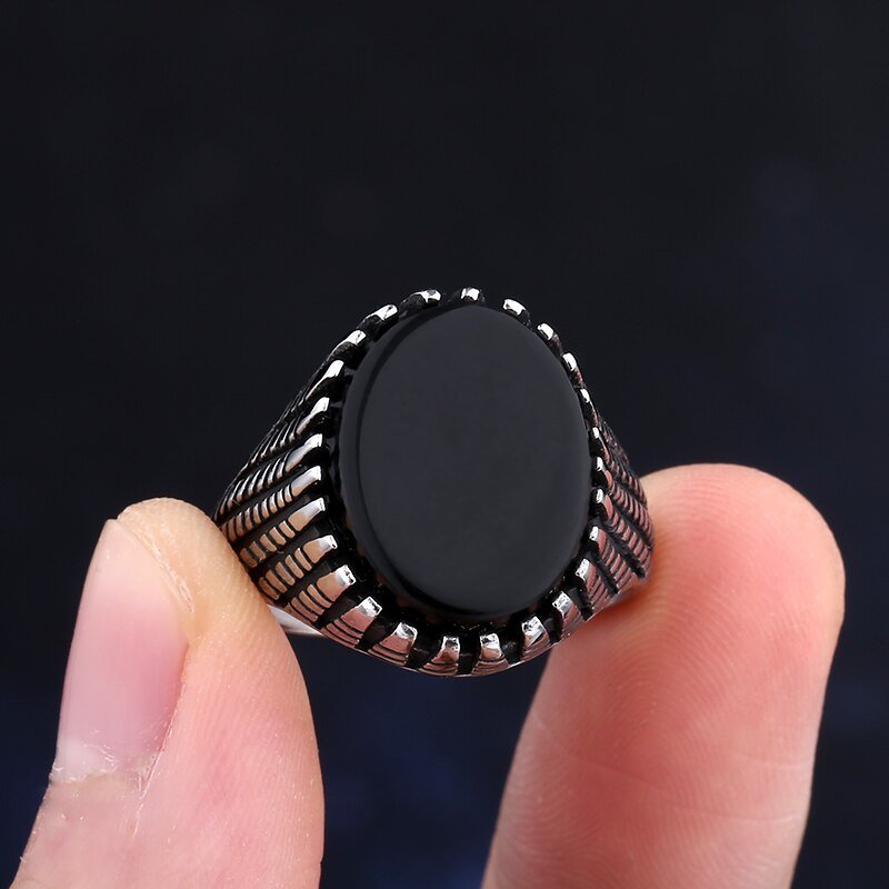 Black Gemstone Stripe Pattern Ring - Chrome Cult