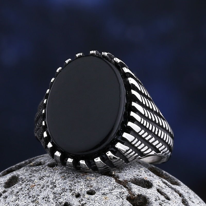 Black Gemstone Stripe Pattern Ring - Chrome Cult