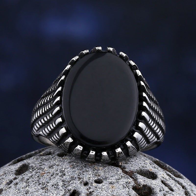Black Gemstone Stripe Pattern Ring - Chrome Cult