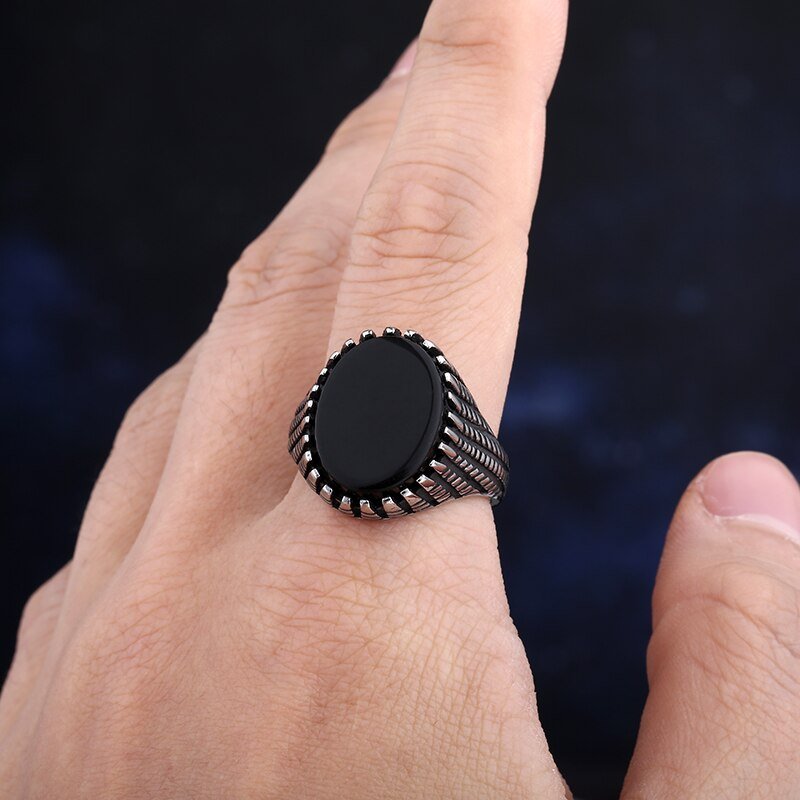 Black Gemstone Stripe Pattern Ring - Chrome Cult