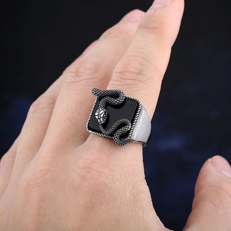 Black Stone Serpent Ring - Chrome Cult