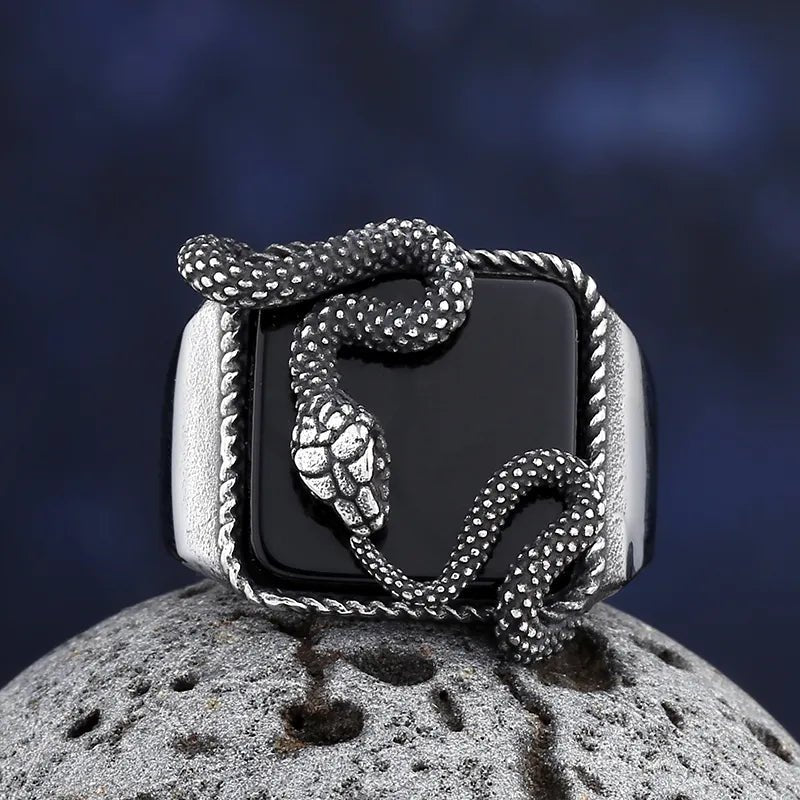 Black Stone Serpent Ring - Chrome Cult