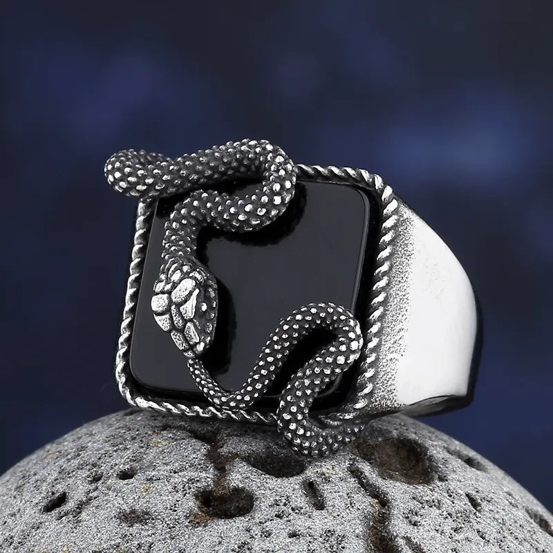 Black Stone Serpent Ring - Chrome Cult