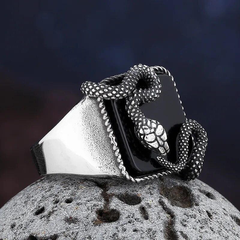 Black Stone Serpent Ring - Chrome Cult