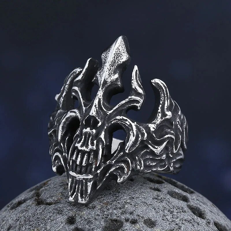 Blazing Skull Of Hell Ring - Chrome Cult