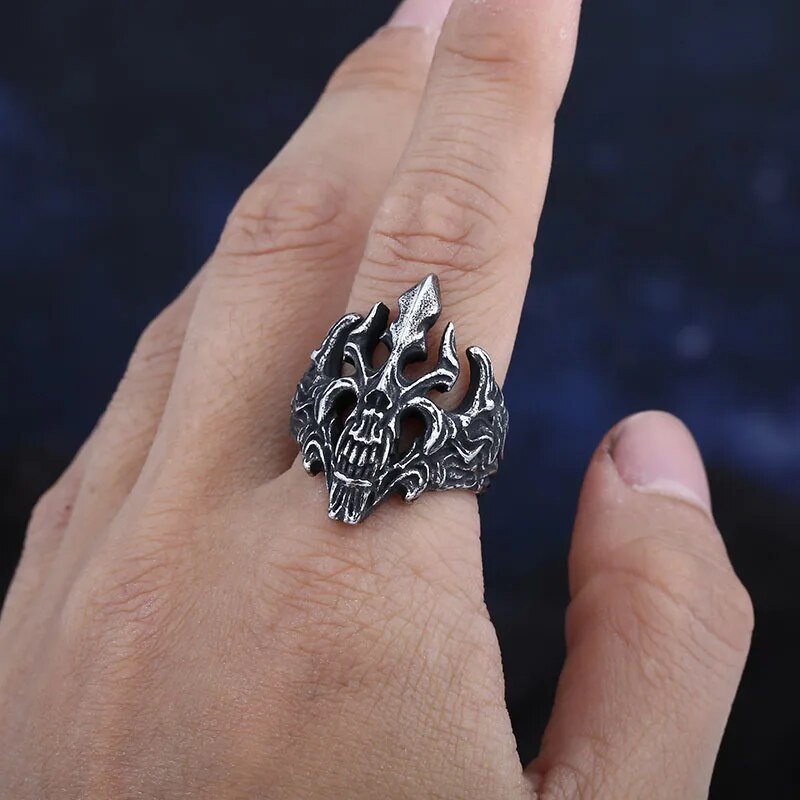 Blazing Skull Of Hell Ring - Chrome Cult