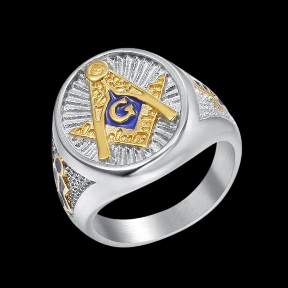 Blue Enamel Two Tone AG Masonic Ring - Chrome Cult