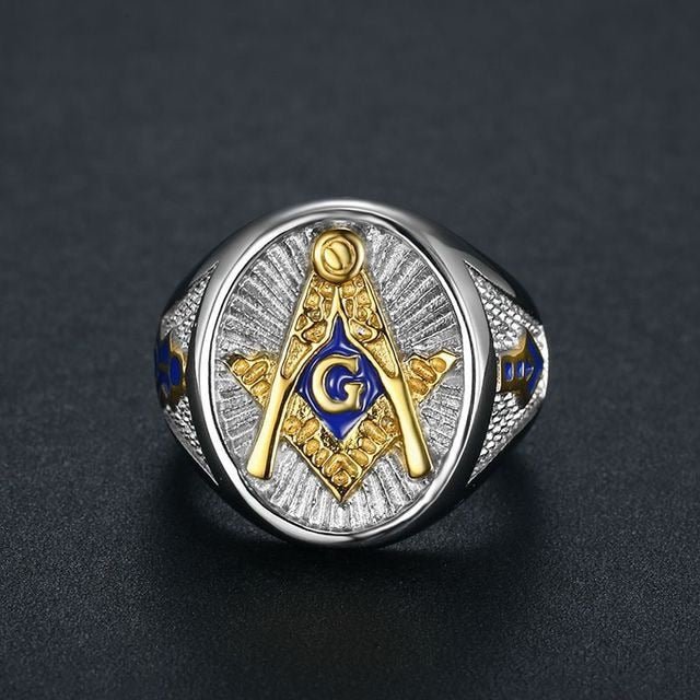 Blue Enamel Two Tone AG Masonic Ring
