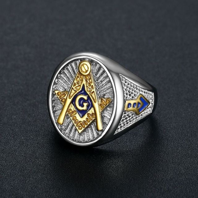 Blue Enamel Two Tone AG Masonic Ring