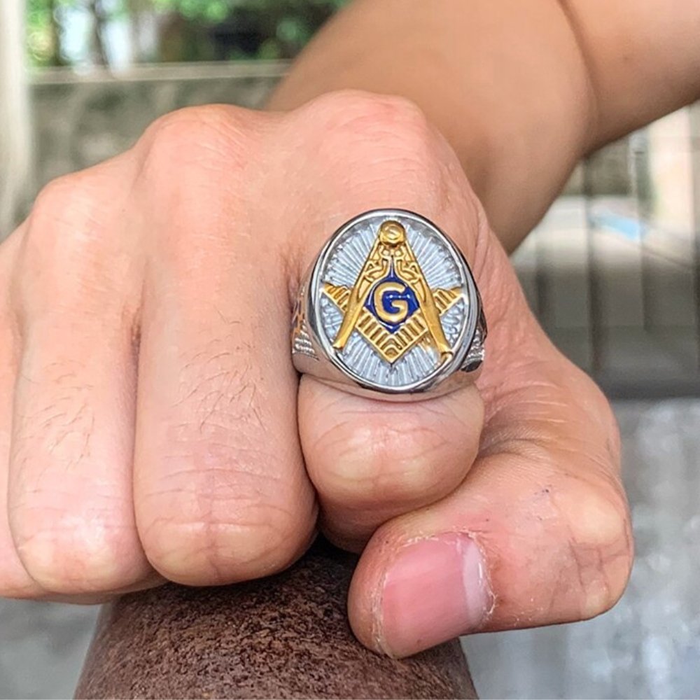 Blue Enamel Two Tone AG Masonic Ring