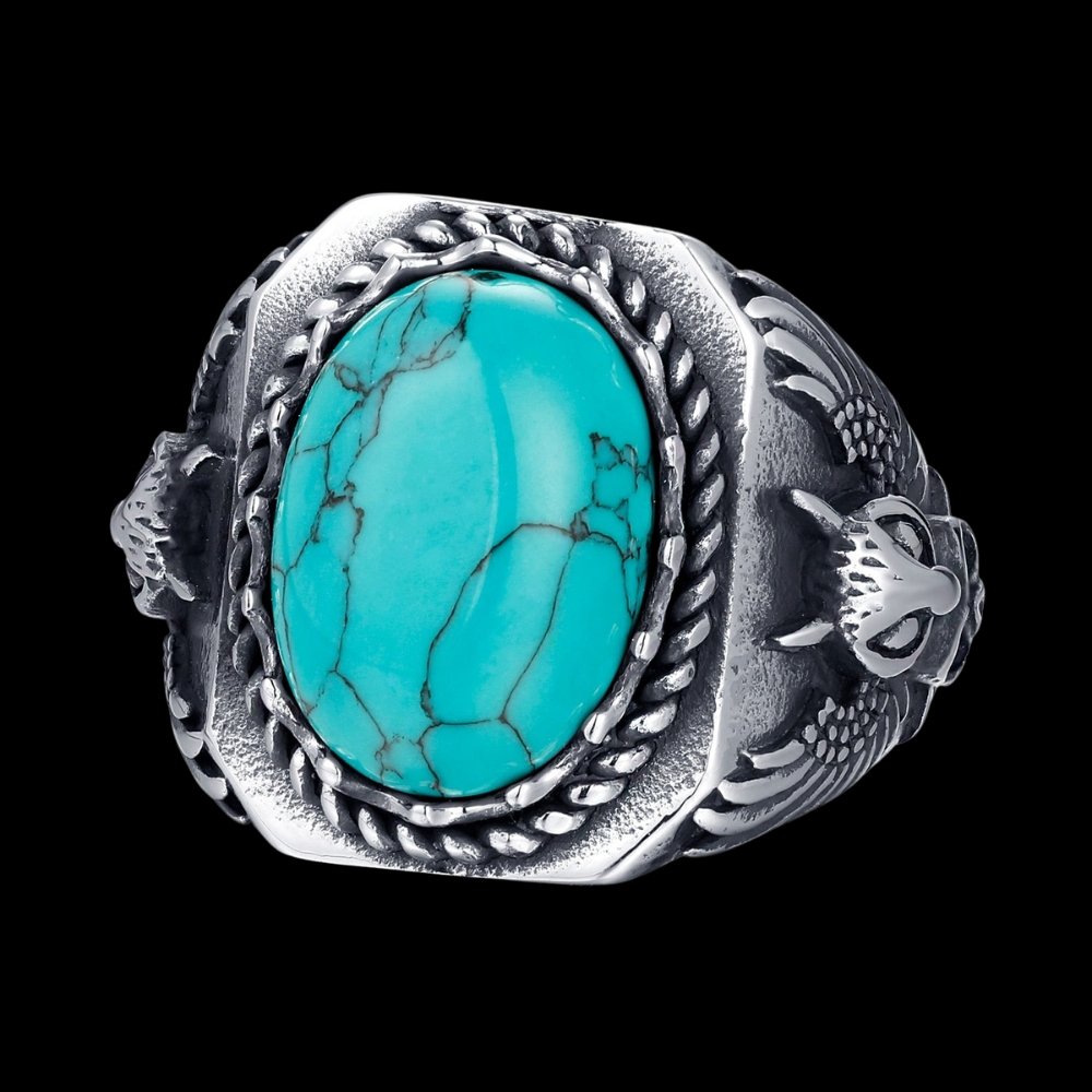 Blue Oval Gemstone Owl Signet Ring - Chrome Cult
