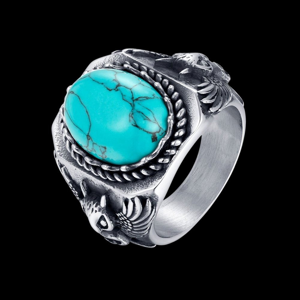 Blue Oval Gemstone Owl Signet Ring - Chrome Cult