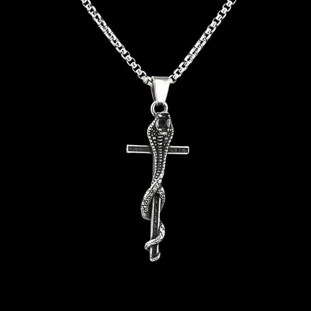 Cobra Snake Entwined Cross Pendant - Chrome Cult