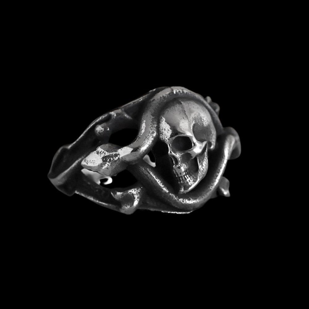 Coiled Snake Skull Ring - Chrome Cult