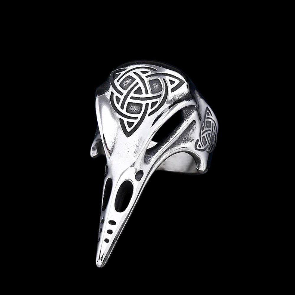 Corvid Skull Celtic Knot Ring - Chrome Cult