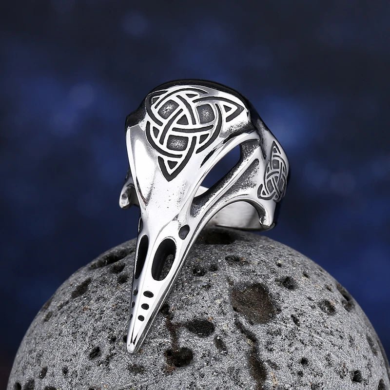 Corvid Skull Celtic Knot Ring - Chrome Cult