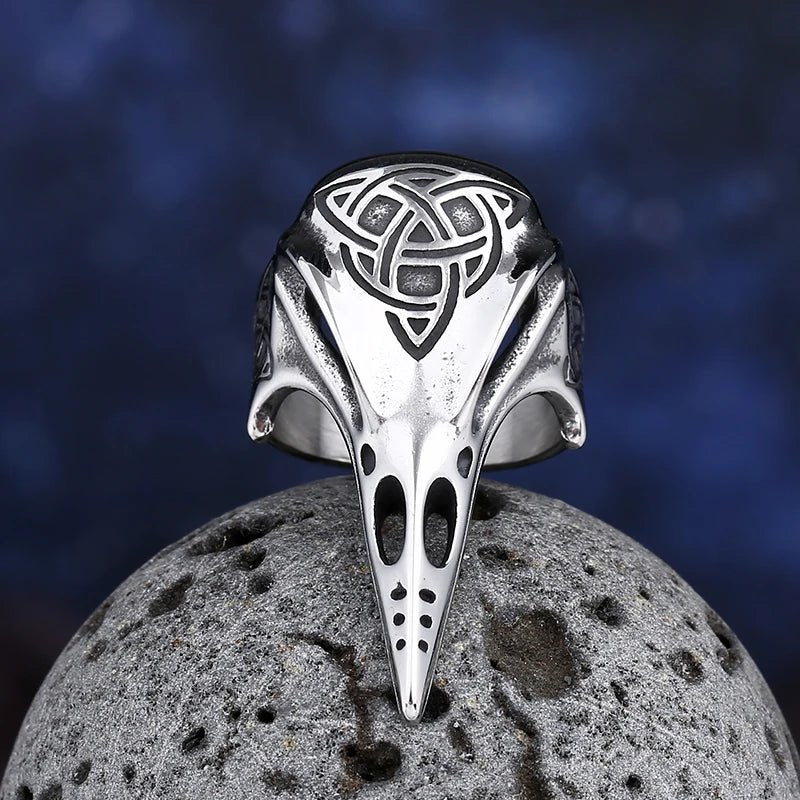 Corvid Skull Celtic Knot Ring - Chrome Cult