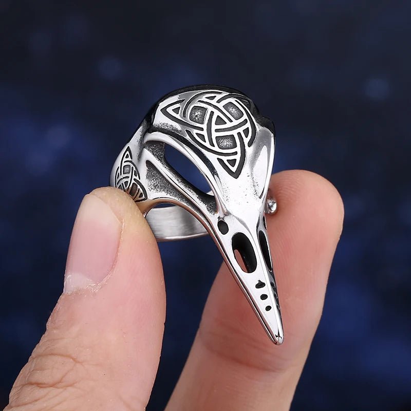 Corvid Skull Celtic Knot Ring - Chrome Cult