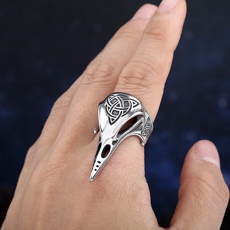 Corvid Skull Celtic Knot Ring - Chrome Cult