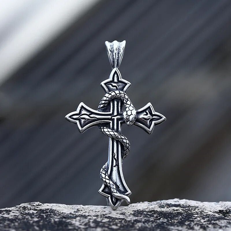Cross Serpent Pendant | Stainless Steel Gothic Jewelry | Chrome Cult