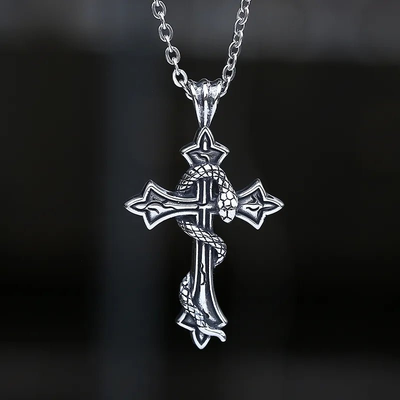 Cross Serpent Pendant | Stainless Steel Gothic Jewelry | Chrome Cult