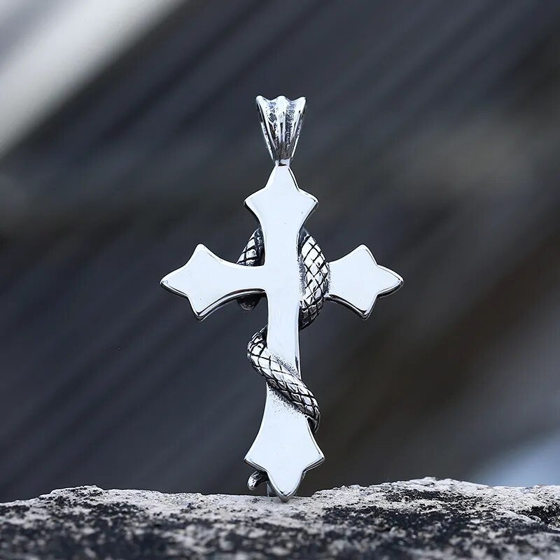 Cross Serpent Pendant | Stainless Steel Gothic Jewelry | Chrome Cult