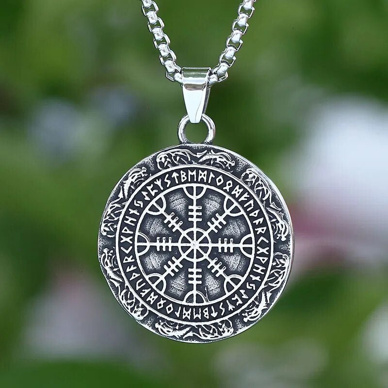 Double Sided Helm Of Awe and Vegvisir Pendant - Chrome Cult