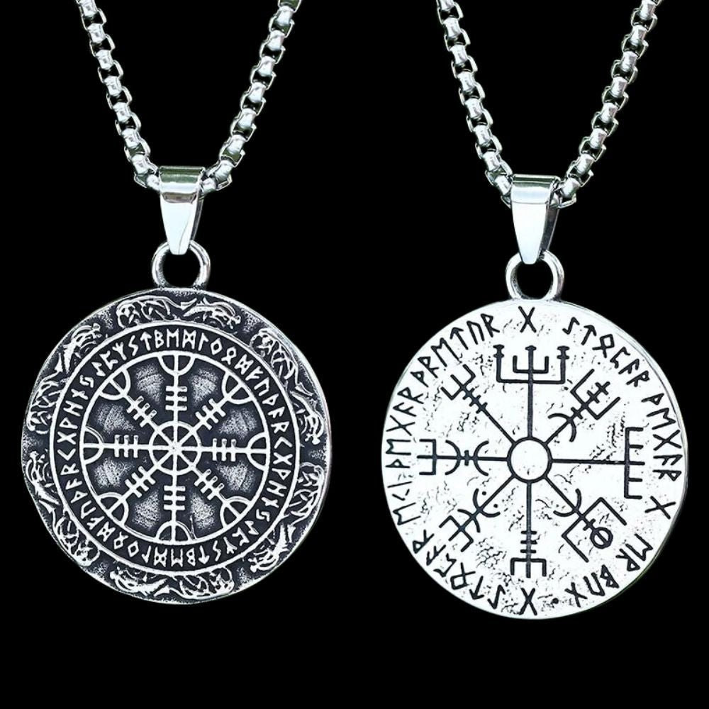 Double Sided Helm Of Awe and Vegvisir Pendant - Chrome Cult