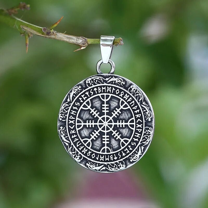 Double Sided Helm Of Awe and Vegvisir Pendant - Chrome Cult