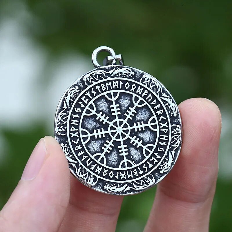 Double Sided Helm Of Awe and Vegvisir Pendant - Chrome Cult