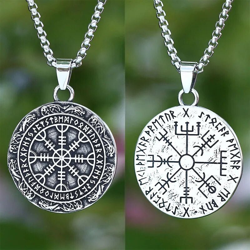 Double Sided Helm Of Awe and Vegvisir Pendant - Chrome Cult