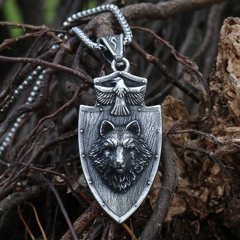 Eagle and Wolf Head Plaque Pendant - Chrome Cult