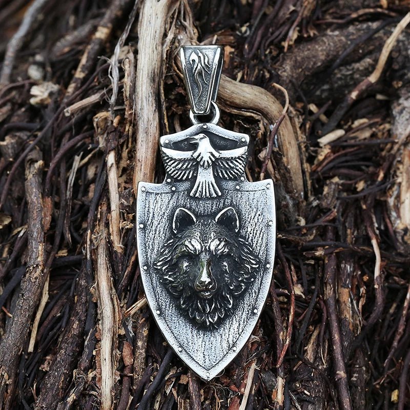 Eagle and Wolf Head Plaque Pendant - Chrome Cult