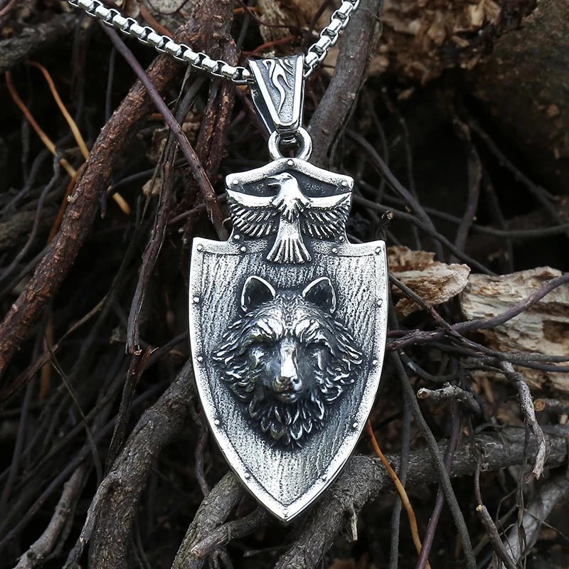 Eagle and Wolf Head Plaque Pendant - Chrome Cult