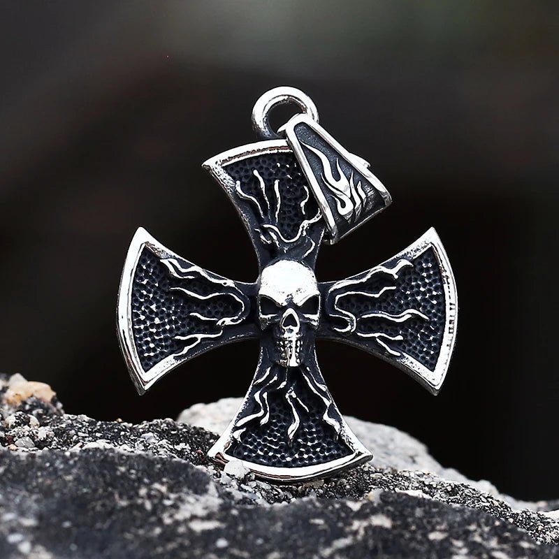 Flaming Cross Pattee Skull Pendant - Chrome Cult