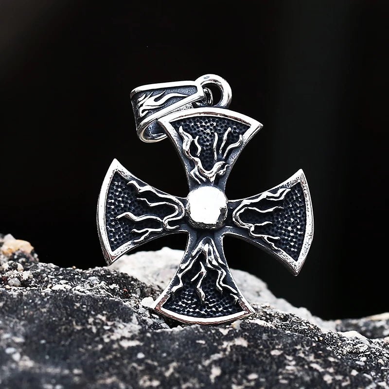 Flaming Cross Pattee Skull Pendant - Chrome Cult