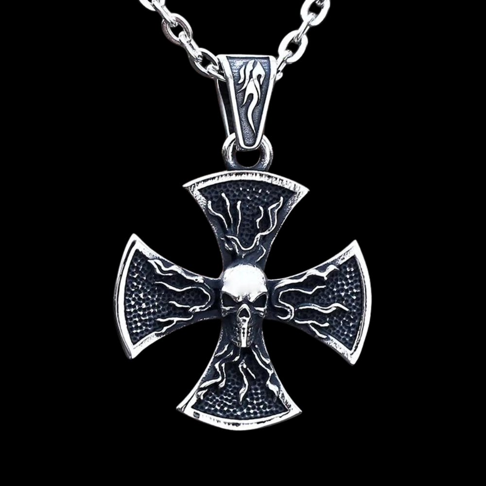 Flaming Cross Pattee Skull Pendant - Chrome Cult